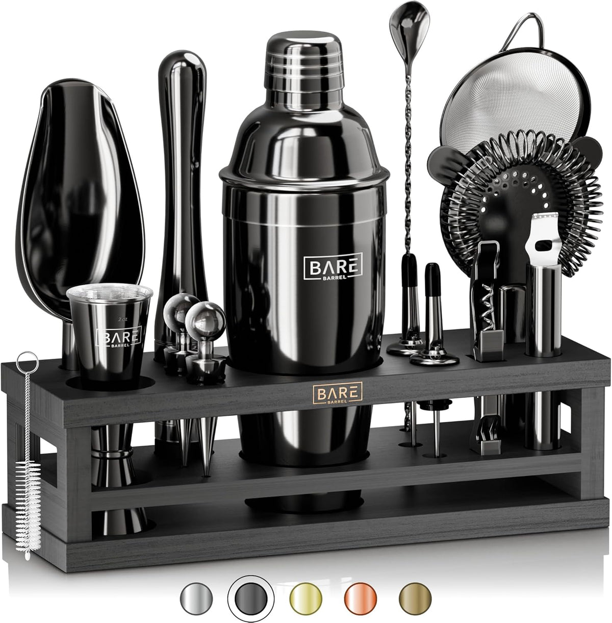 BARE BARREL® Mixology Bartender Kit Bar Set | 16-Piece Cocktail Shaker Set | Martini Barware Mixing Tools for Home Bartending | Incl. 35 Recipe Cards | Gift Set (24oz Cobbler Shaker, Silver/Natural) - Jet Black/Black