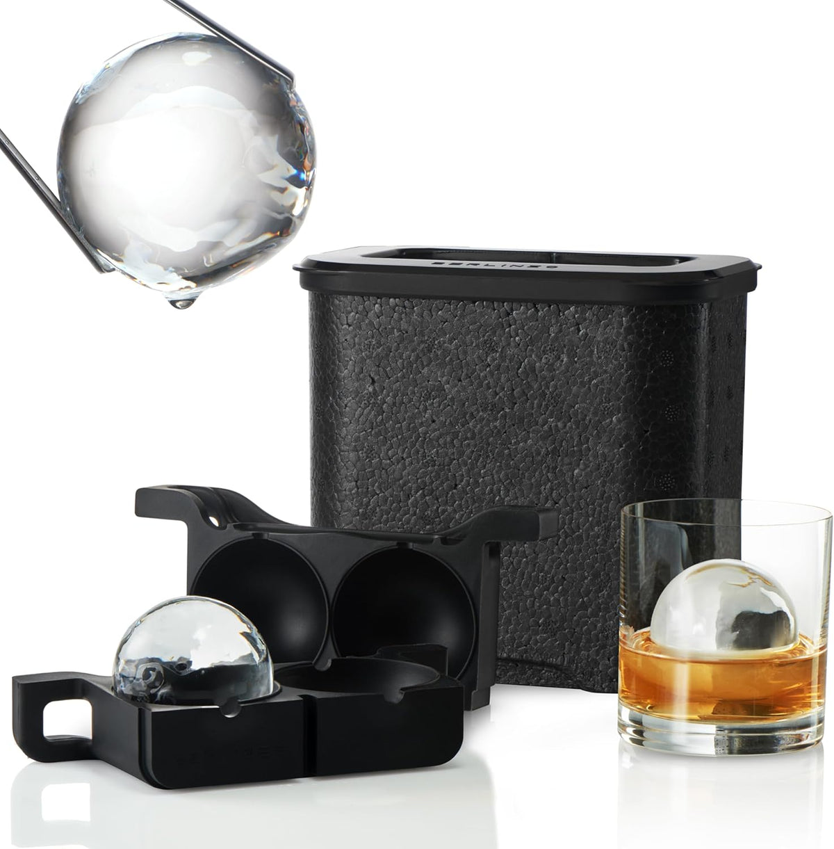 Berlinzo Ice Ball and Cube Maker Mold - 2 Spheres 2 Squares, Non-Electric - 2-Balls