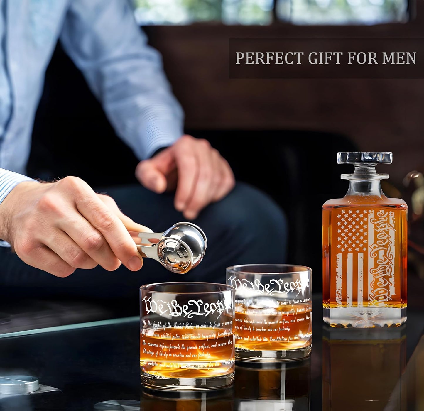 Whiskey Decanter Engraved We The People American Flag Decanter Set with 2 Glasses for Liquor Scotch Bourbon or Wine, Father's Day Patriotic Gift, 250 Anniversary Whiskey Bottle