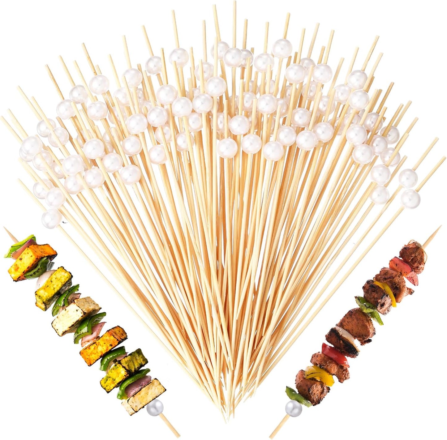 100 Pcs 6 Inch Long Cocktail Picks Fancy Toothpicks for Appetizer Bamboo Cocktail Sticks for Fruit Drink Dessert Barbecue Charcuterie Pearl Skewers for Wedding Birthday Baby Shower Party (White)