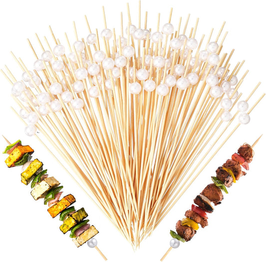 100 Pcs 6 Inch Long Cocktail Picks Fancy Toothpicks for Appetizer Bamboo Cocktail Sticks for Fruit Drink Dessert Barbecue Charcuterie Pearl Skewers for Wedding Birthday Baby Shower Party (White)