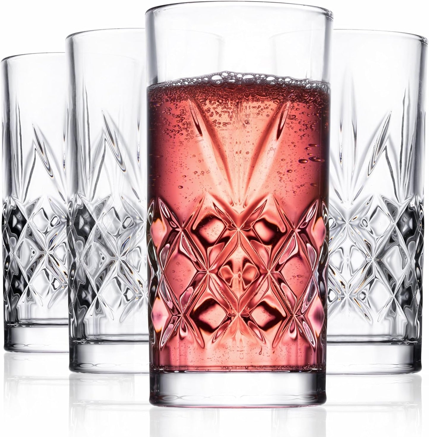 Royalty Art Kinsley Tall Highball Glasses Set of 4, 12 Ounce Cups, Textured Designer Glassware for Drinking Water, Beer, or Soda, Trendy and Elegant Dishware, Dishwasher Safe (Hiball Set Of 4)