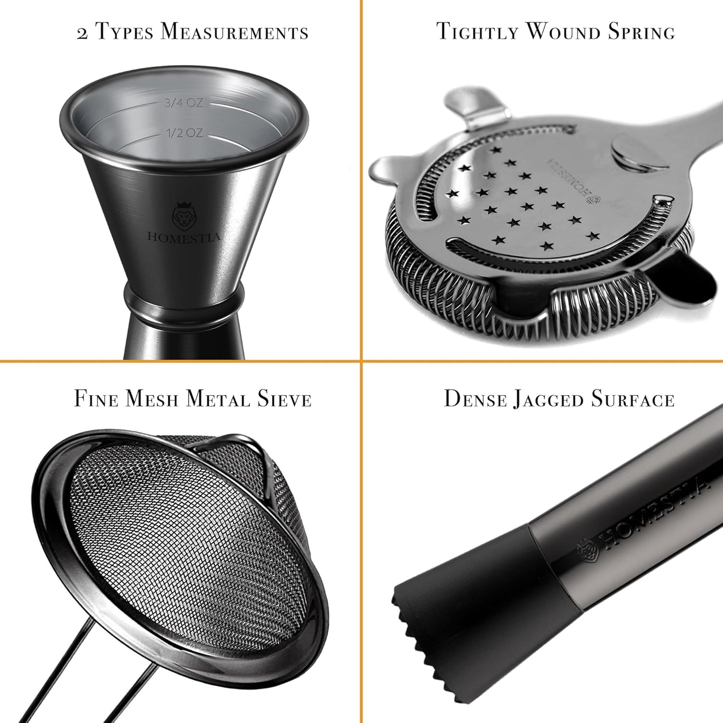 Homestia Cocktail Shaker Sets, Bartender Kit - 12 Pcs Stainless Steel Bar Tools with Boston Shaker Tins, Mixing Spoon, Muddler, Jigger, Strainer, Ice Tongs and Wine Pourers (Black)
