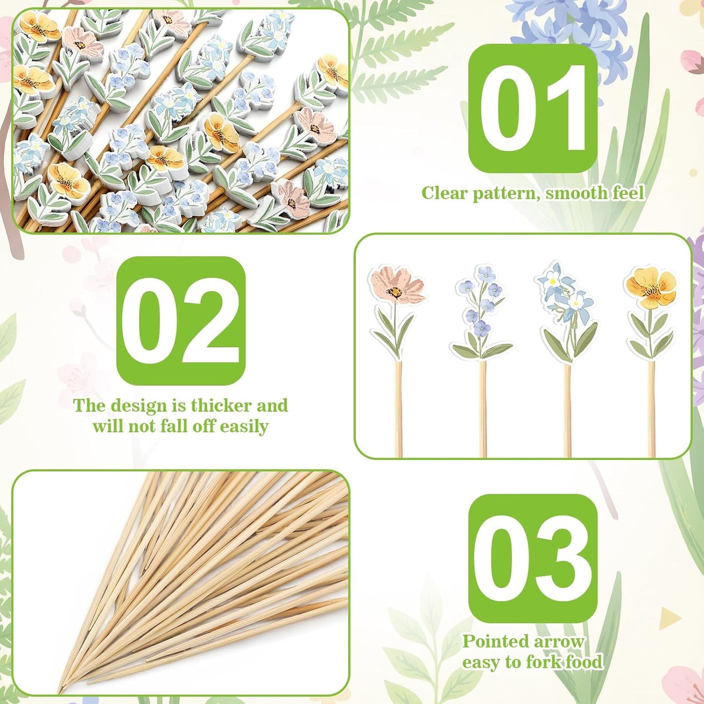 Bokon 200 Pcs Wildflower Cocktail Picks Long Spring Flower Bamboo Toothpicks Wildflower Party Supplies Drink Fruit Appetizers Decoration Skewer Stick for Baby Showe Shower Wedding Valentines Supplies