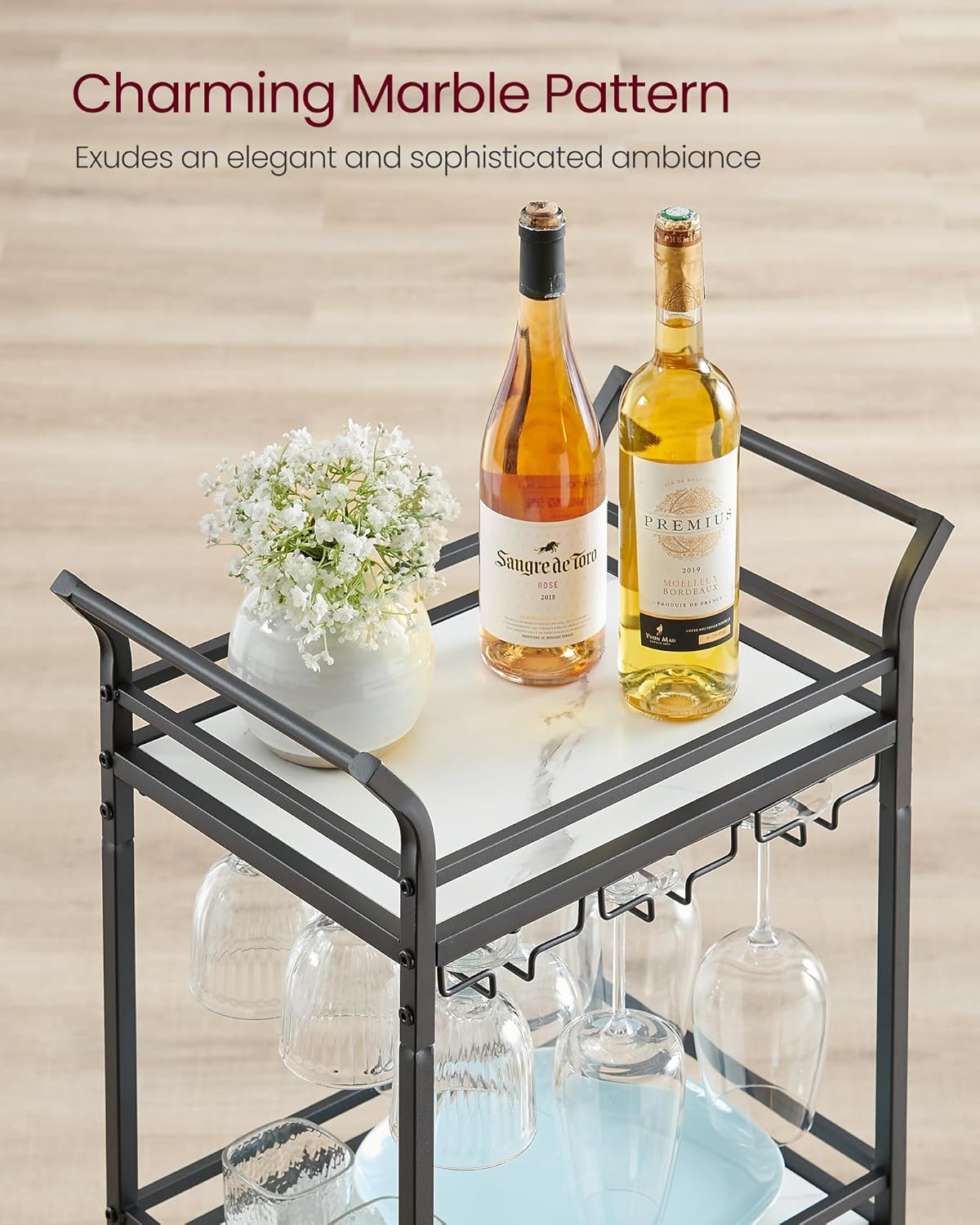 VASAGLE Bar Cart, Home Bar Serving Cart, Small Bar Cart With 3-Tier Shelf, Wine Holders, Glass Holders, Mini Bar Cart for Small Spaces, Kitchen, Dining room, Living Room, Ink Black
