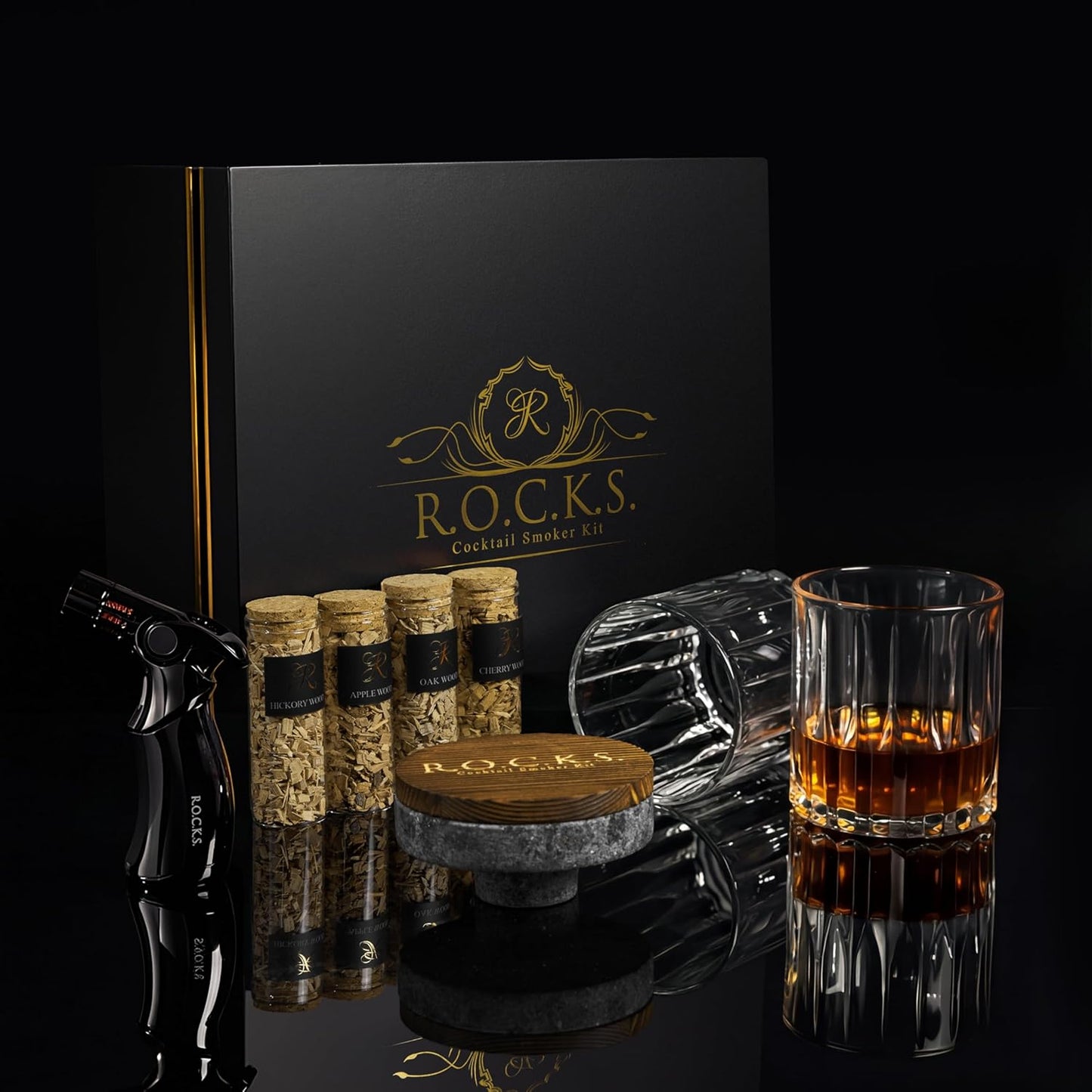 Cocktail Smoker Kit in Granite Stone with Torch - Premium Whiskey Smoker Kit for Old Fashioned & Bourbon - Infuse with 4 Flavors Wood Chips - Barware Gift Set for Whiskey Lovers (No Butane)
