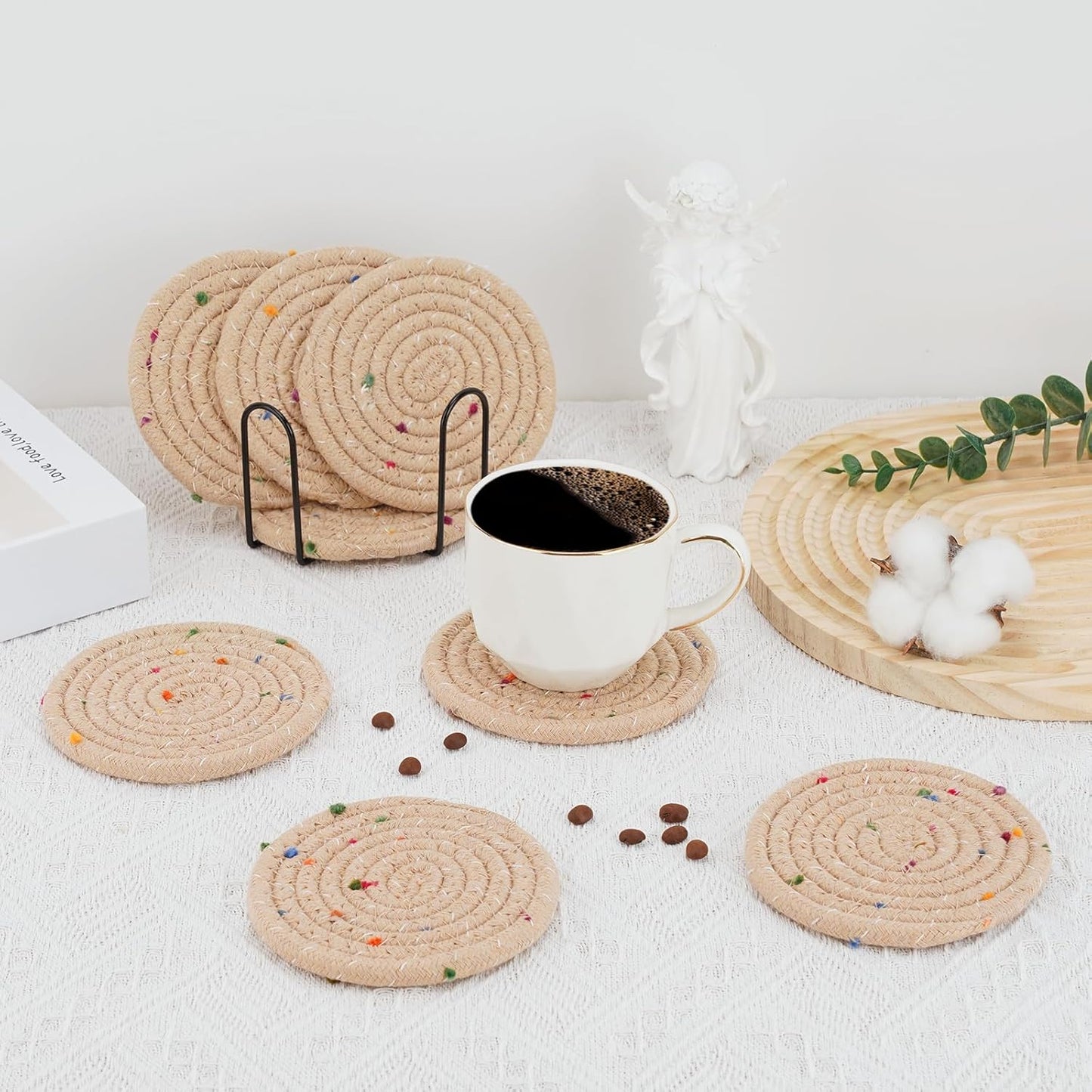 8pcs Handmade Cotton Woven Coasters Set with Holder, Super Absorbent Coasters for Coffee Table Protection, Home Decor