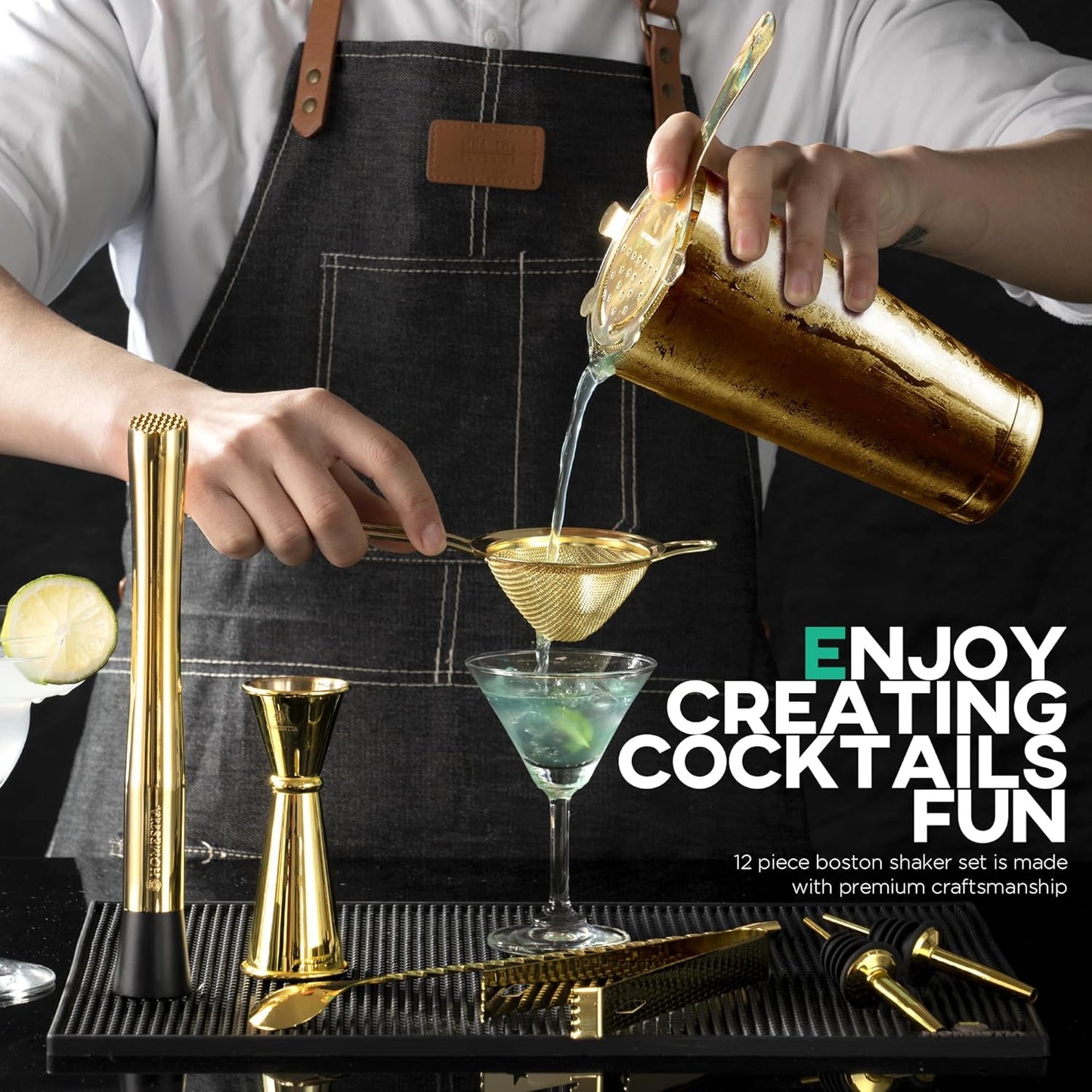 Homestia Cocktail Shaker Set, Bartending Kit: Weighted Boston Shaker Tin, Hawthorne Strainer, Jigger, Bar Spoon and Muddler, Professional Stainless Steel Bar Tool for Beginner (Gold)