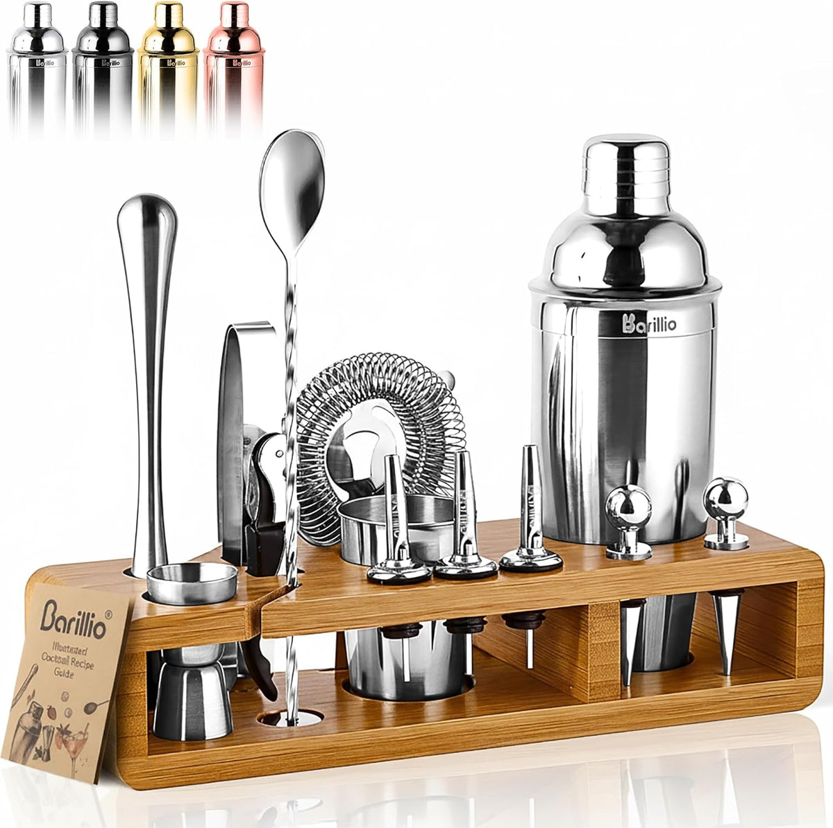Barillio Bartender Kit - Stainless-Steel Cocktail Shaker Set w/Bamboo Stand - Mixology Bar Tools w/Drink Shaker, Mixer Spoon & Muddler for Cocktails - Home Bar Accessories - 23-Pc Bar Set - Silver - Silver-bamboo