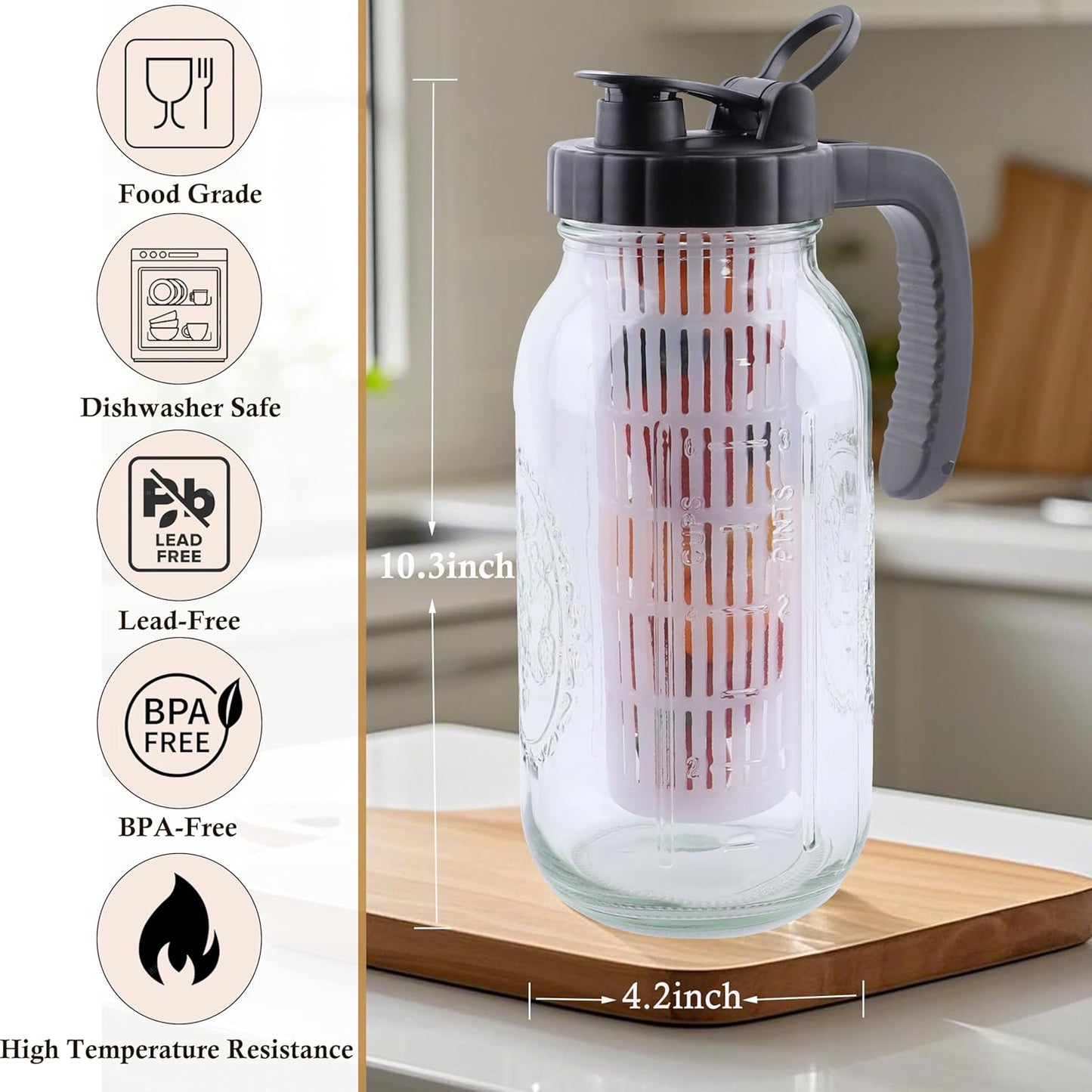 64 Oz Glass Mason Jar Water Pitcher with Infuser 2 Set Half Gallon Water Jug Carafe 2 Quart Pitcher For Cold Hot Tea Coffee Lemonade Homemade Drinks Breast Milk Juice Container For Refrigerator