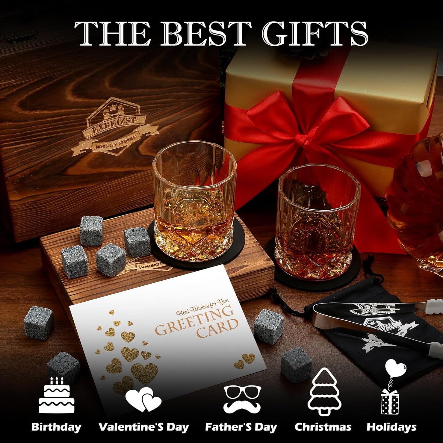 Whiskey Stones Gifts Set - Whiskey Glasses Set of 2 - Granite Chilling Whiskey Rocks - Scotch Bourbon Gifts for Men -Father's Day Birthday Gifts for Men Dad Him Husband Drinking Gift for Holiday