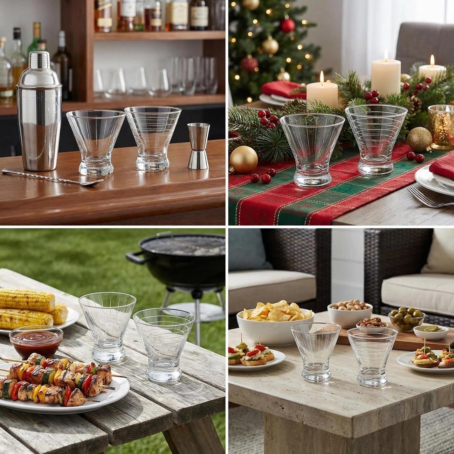 Cocktail Shaker Glass,Martini Maker Set/Kit. Stemless Martini Shaker Glasses S/ 2-8 oz w/Design, Free Crystal Espresso Glass, Coupe for Holiday, Christmas,Parties,BBQ, Outdoor.