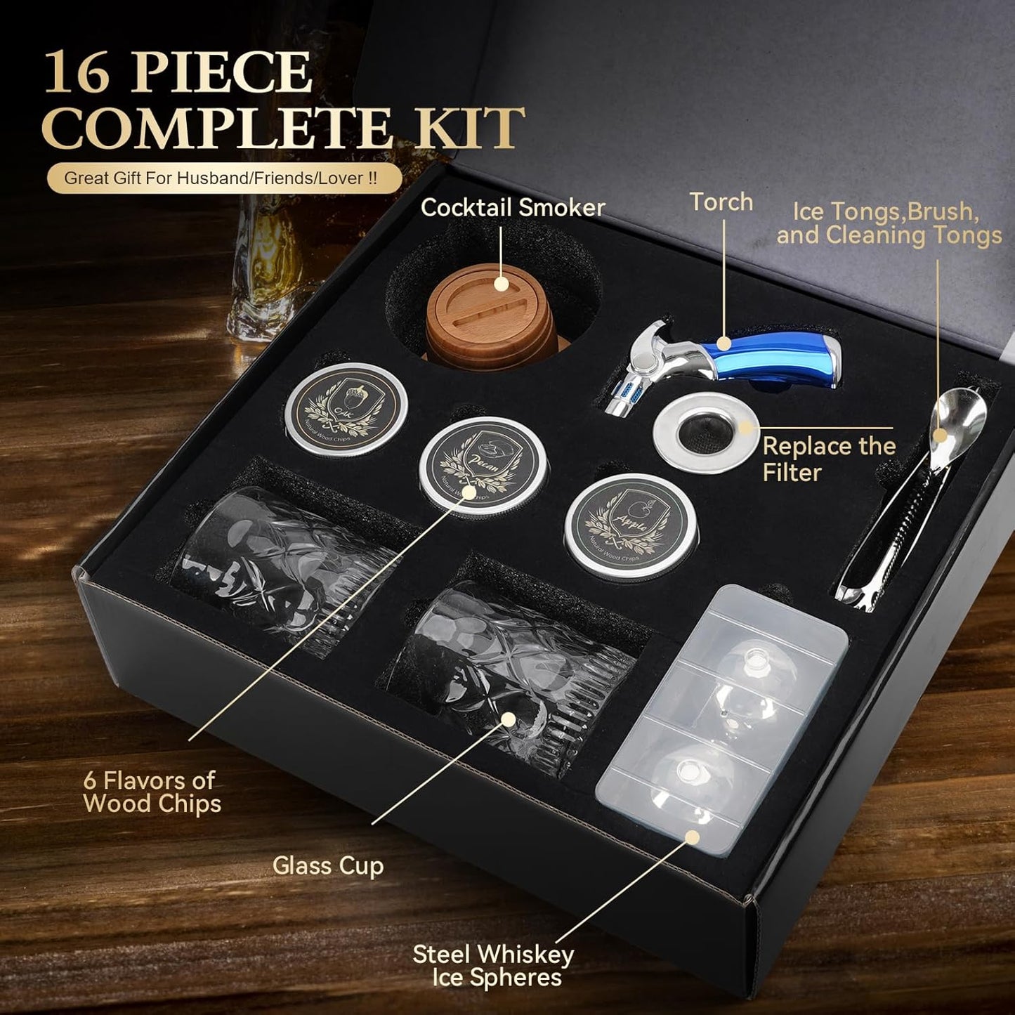 Whiskey Smoker Kit with Torch - Old Fashioned Cocktail Smoker Kit with 6 Flavors Wood Chips | 2 XL Stainless Steel Ice Balls & 2 Glasses, Christmas Bourbon Whiskey Gifts for Men, Dad(No Fuel Included)