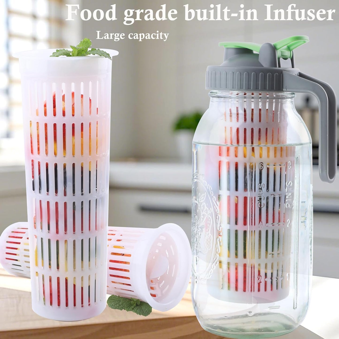 GMCOZY 2 Quart Glass Mason Jar Water Pitcher With Fruit Infuser 64 Oz Wide Mouth Infused Cold Hot Water Jug Carafe With Lid Half Gallon For Coffee Sun Tea Lemonade Juice Homemade Drinks Container