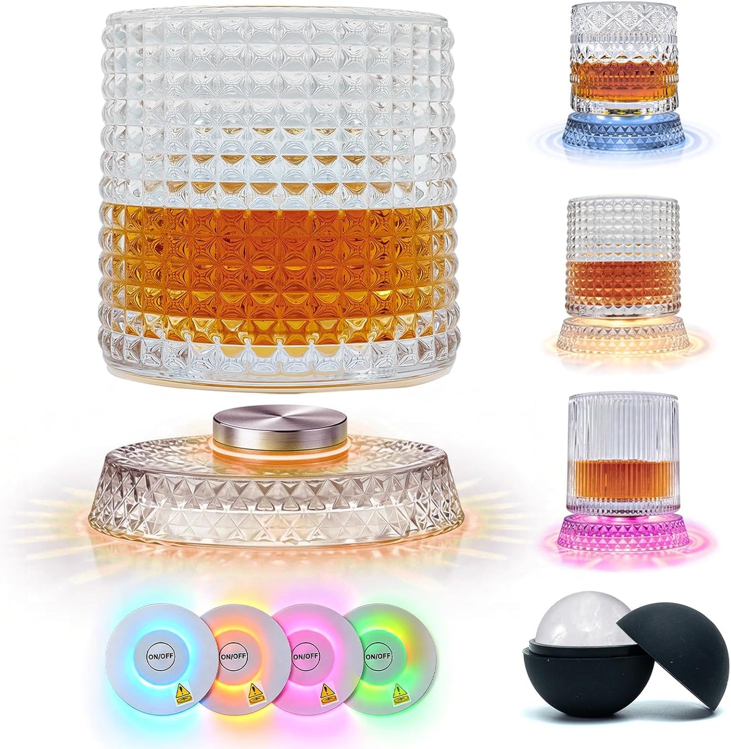 Spinning Whiskey Glass with Ambient Lighting Set, 360 Degree Rotating Crystal Tumbler with Vintage Ribbed Patterns & 4 Color Lighting, Cool Drinking & Bar Accessories (grid pattern)