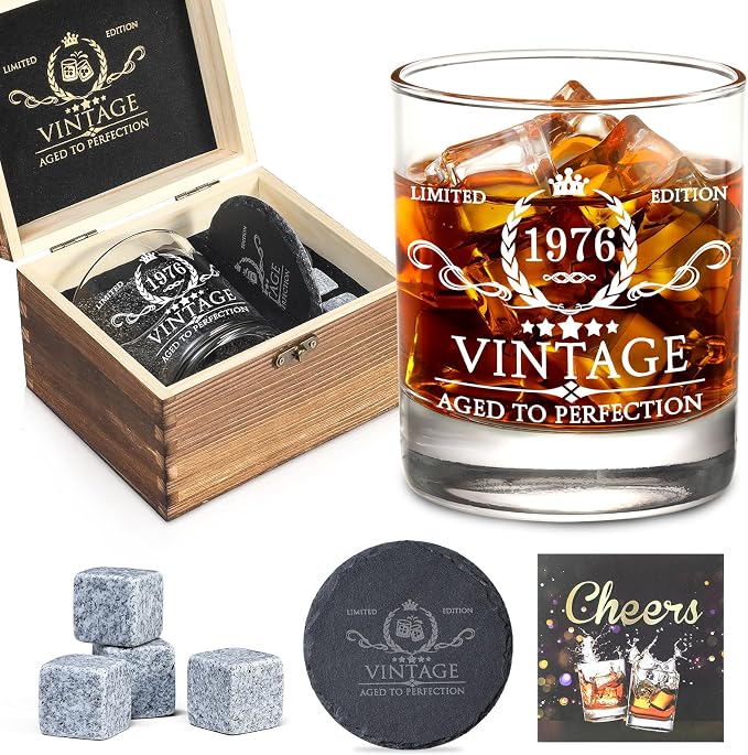 60th Birthday Gifts for Men Whiskey Glass Set - 60th Birthday Decorations, Party Supplies - 60 Year Anniversary, Bday Gifts Ideas for Him, Dad, Husband, Friends - Wood Box & Whiskey Stones & Coaster - B0BJCZ54WR