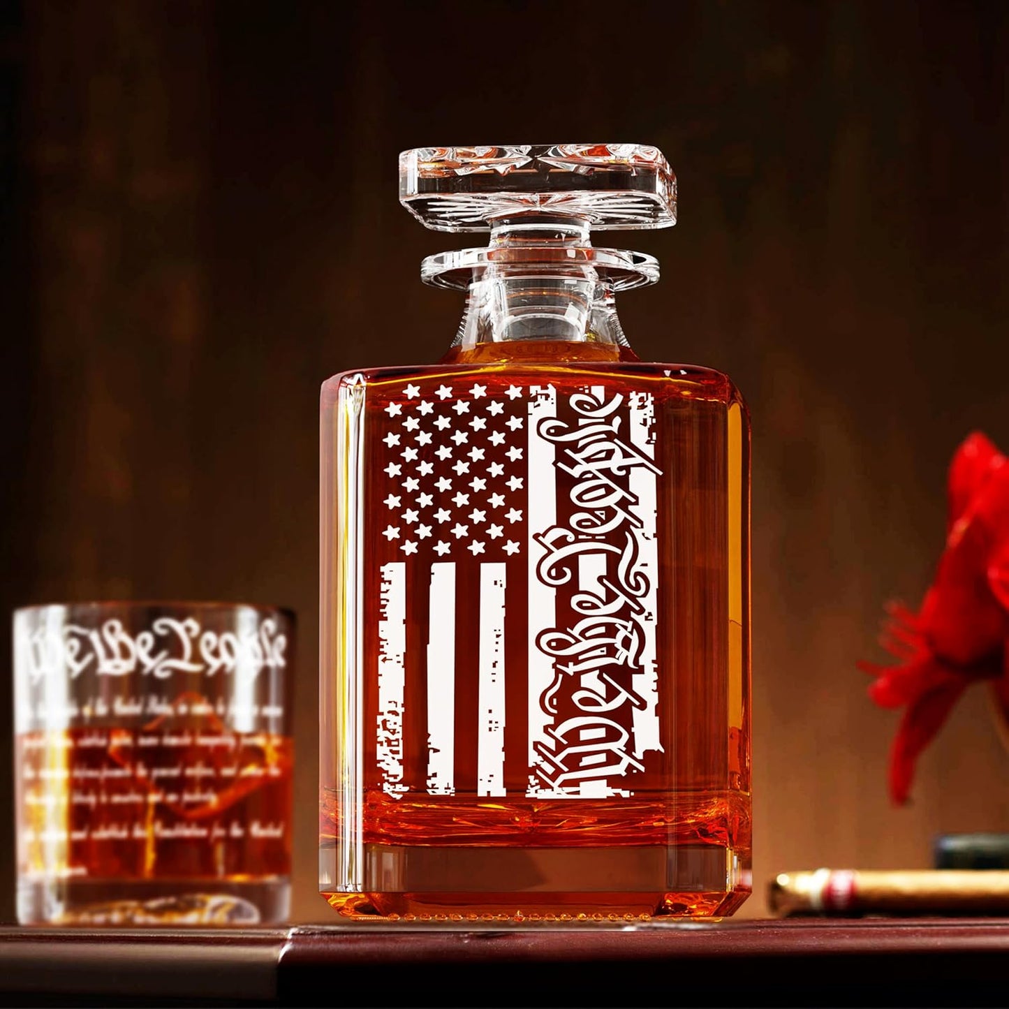 Whiskey Decanter Engraved We The People American Flag Decanter Set with 2 Glasses for Liquor Scotch Bourbon or Wine, Father's Day Patriotic Gift, 250 Anniversary Whiskey Bottle