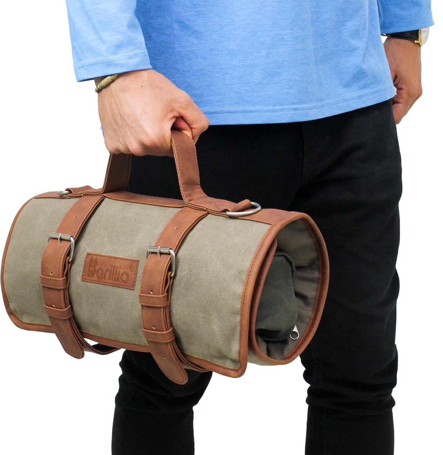 Barillio Bartender Bag (Without Tools) - Stylish, Waxed Canvas, Roll Up Traveling Bar Bag for Carrying Bar Tools and Cocktail Shaker Set with Shoulder Strap - Portable Travel Bartending Roll