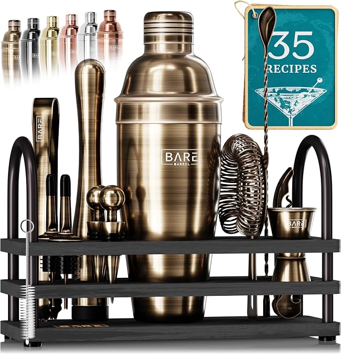 BARE BARREL® Mixology Bartender Kit Bar Set | 14-Piece Cocktail Shaker Set | Martini Barware Mixing Tools for Home Bartending | 35 Recipe Cards | Gift Set (24oz Cobbler Shaker, Gold/Black) - Brass/Black
