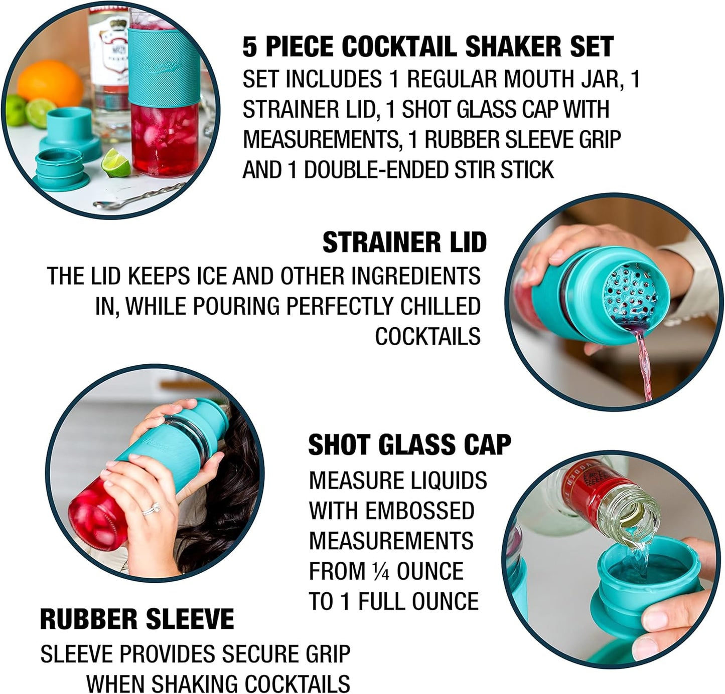 Masontops Cocktail Shaker Set – Glass Mason Jar Drink Shaker – 4 PC Set with Metal Swizzle Stick - Teal