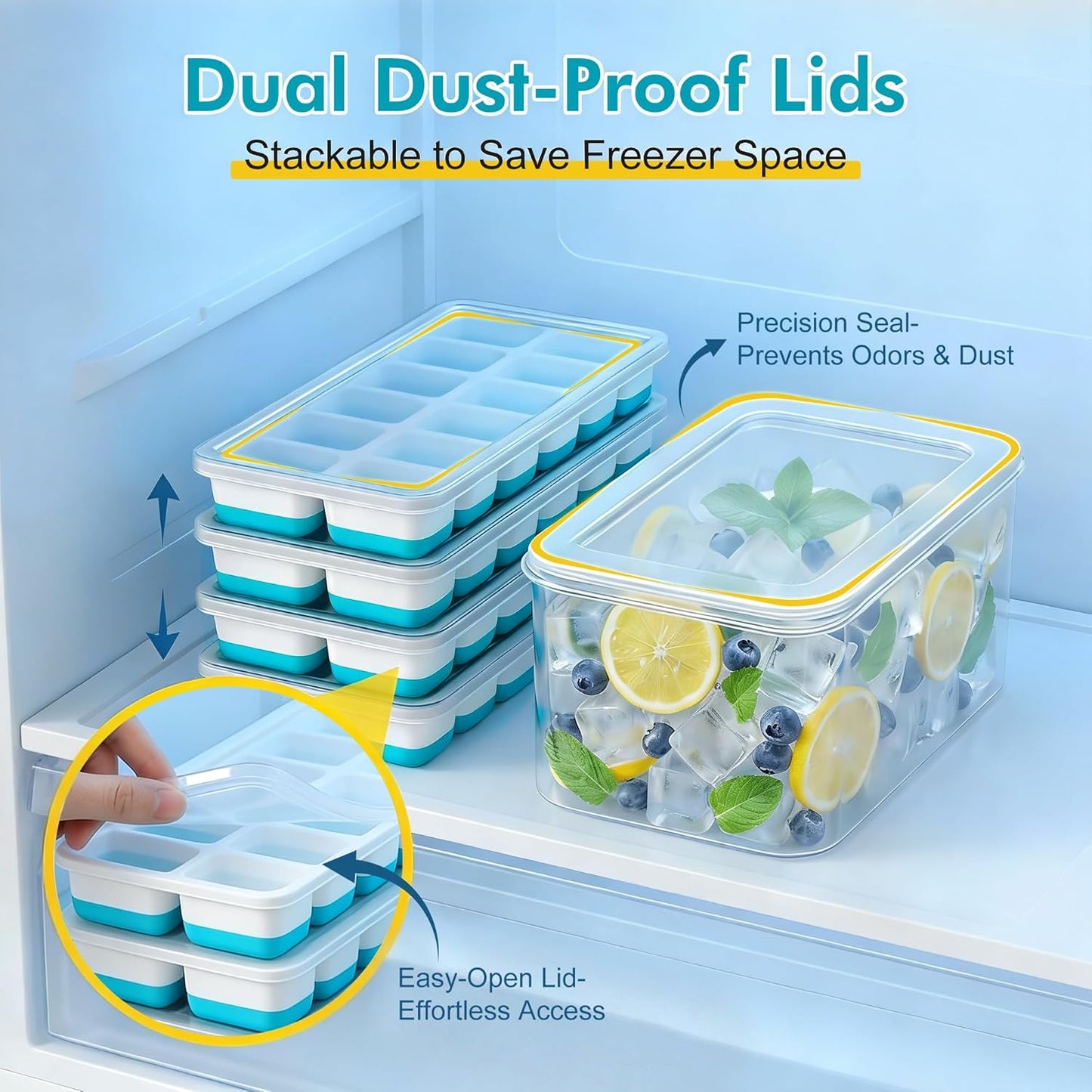 NFK Ice Cube Tray with Lid & Bin - 4 Pack 48 Cubes Stackable Silicone Trays for Freezer with Storage Container, Leak-Proof Lids, BPA-Free, Easy Release for Kitchen, RV, Party, Cocktail & Coffee