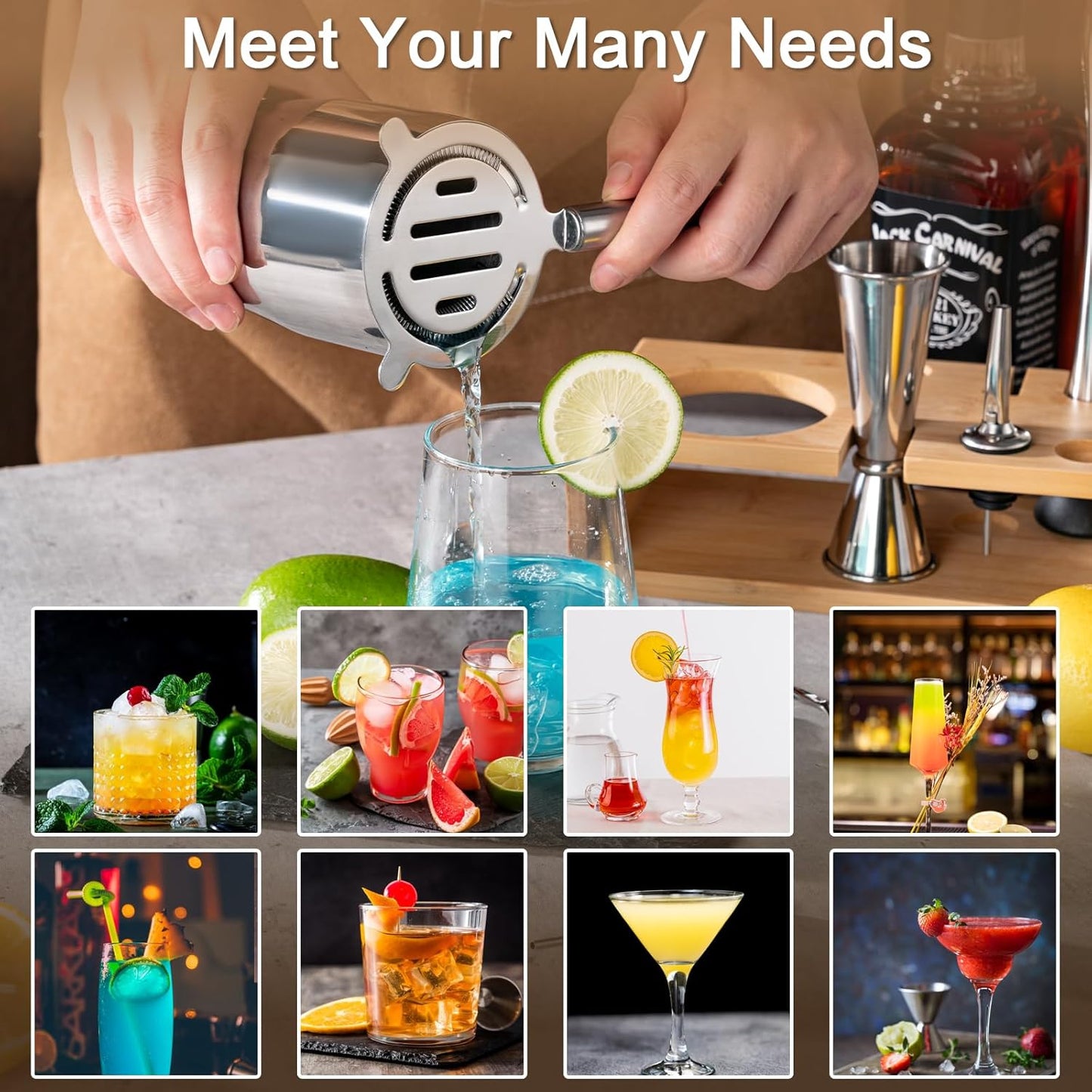 BRIOUT Cocktail Shaker Set Bartender Kit with Stand, Bar Set Drink Mixer Set with All Essential Accessory Tools: Martini Shaker, Jigger, Strainer, Mixer Spoon, Muddler, Liquor Pourers | Silver