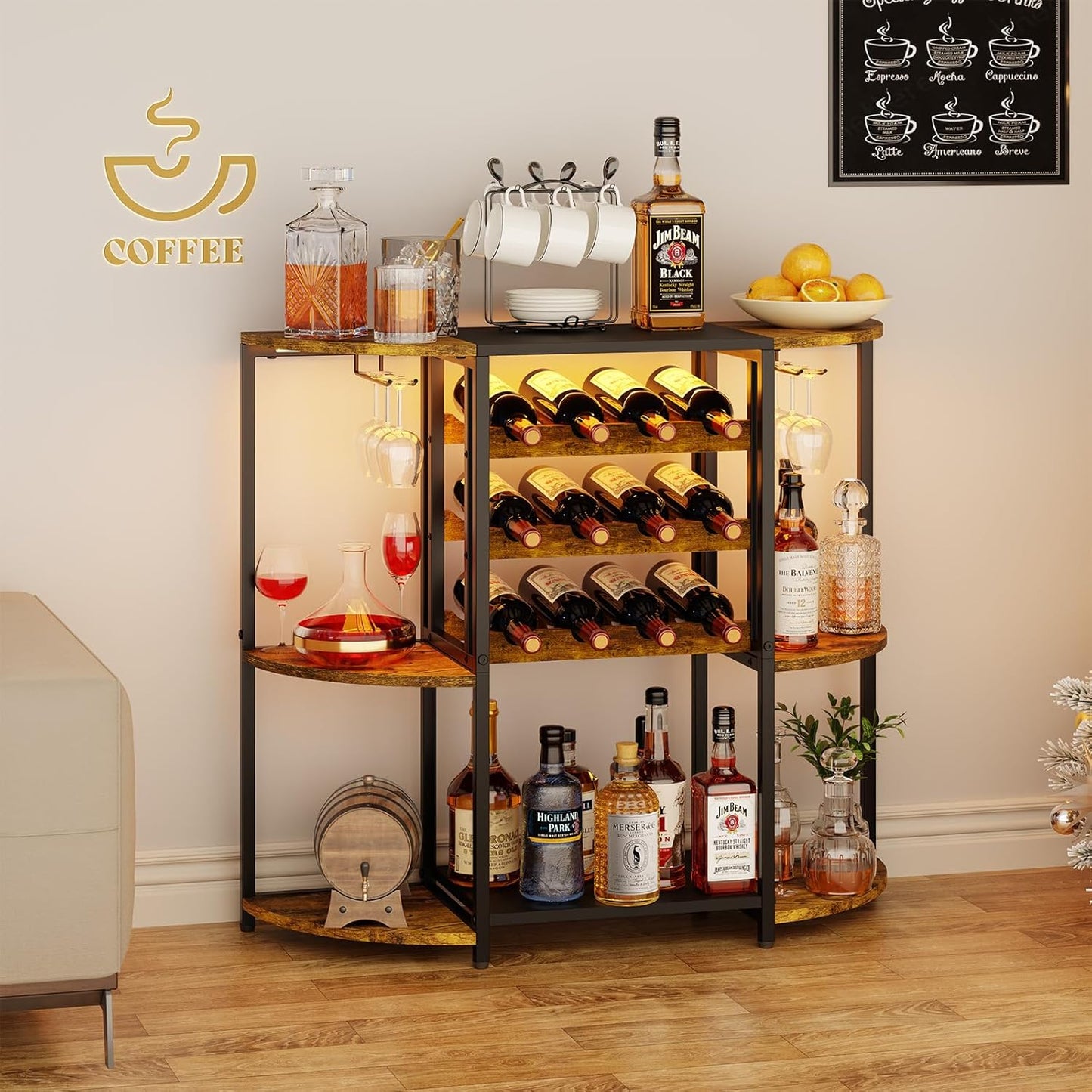 JKsmart Small Wine Bar Cabinet with LED Lights, Mini Wine Rack with Storage and Glass Holder, Home Bar Cart for Liquor, 3-Tier Bar Table for Kitchen, Dining Room, Living Room, Rustic Brown
