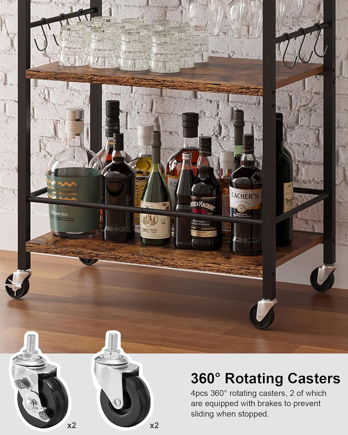 TUTOTAK Bar Cart, Home Bar Serving Cart with 3-Tier Shelf, Drink Cart with Wine Rack, Glass Holder, Rolling bar carts for the Home, Living Room, Brown BC01BB035