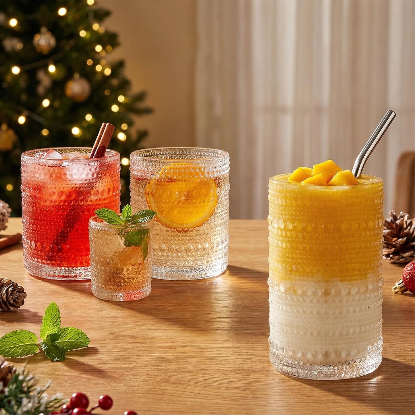 CycleMore Set of 12 Vintage Hobnail Drinking Glasses, 12oz + 10oz + 4oz Clear Glass Cups, Mixed Sizes Kitchen Water Glasses Cup, Bar Tumbler Glassware for Juice, Cocktail, Whiskey, Smoothie, Espresso
