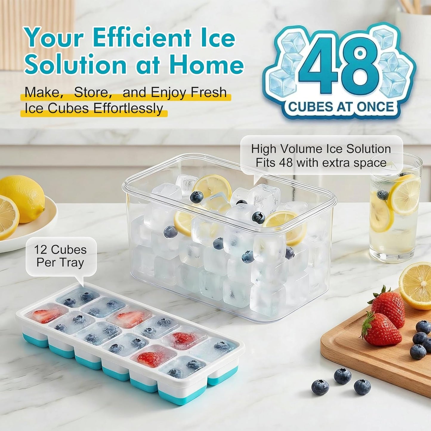 NFK Ice Cube Tray with Lid & Bin - 4 Pack 48 Cubes Stackable Silicone Trays for Freezer with Storage Container, Leak-Proof Lids, BPA-Free, Easy Release for Kitchen, RV, Party, Cocktail & Coffee