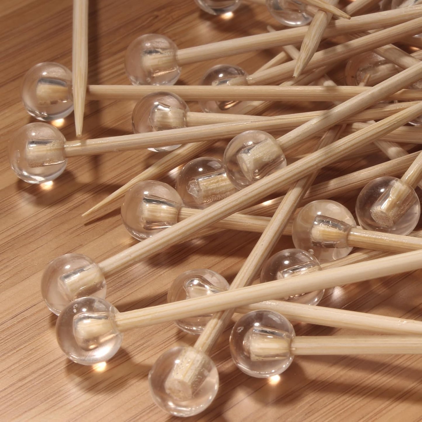 BambooMN Decorative Ball End Bamboo Cocktail Appetizer Picks - 3" (7.62cm) - Clear - 100pcs