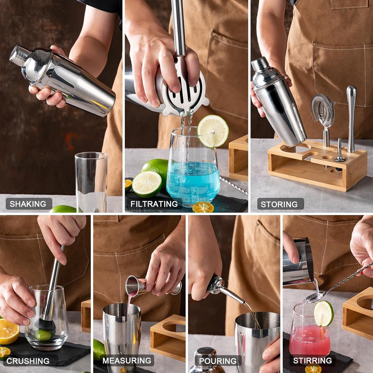BRIOUT Cocktail Shaker Set Bartender Kit with Stand, Bar Set Drink Mixer Set with All Essential Accessory Tools: Martini Shaker, Jigger, Strainer, Mixer Spoon, Muddler, Liquor Pourers | Silver