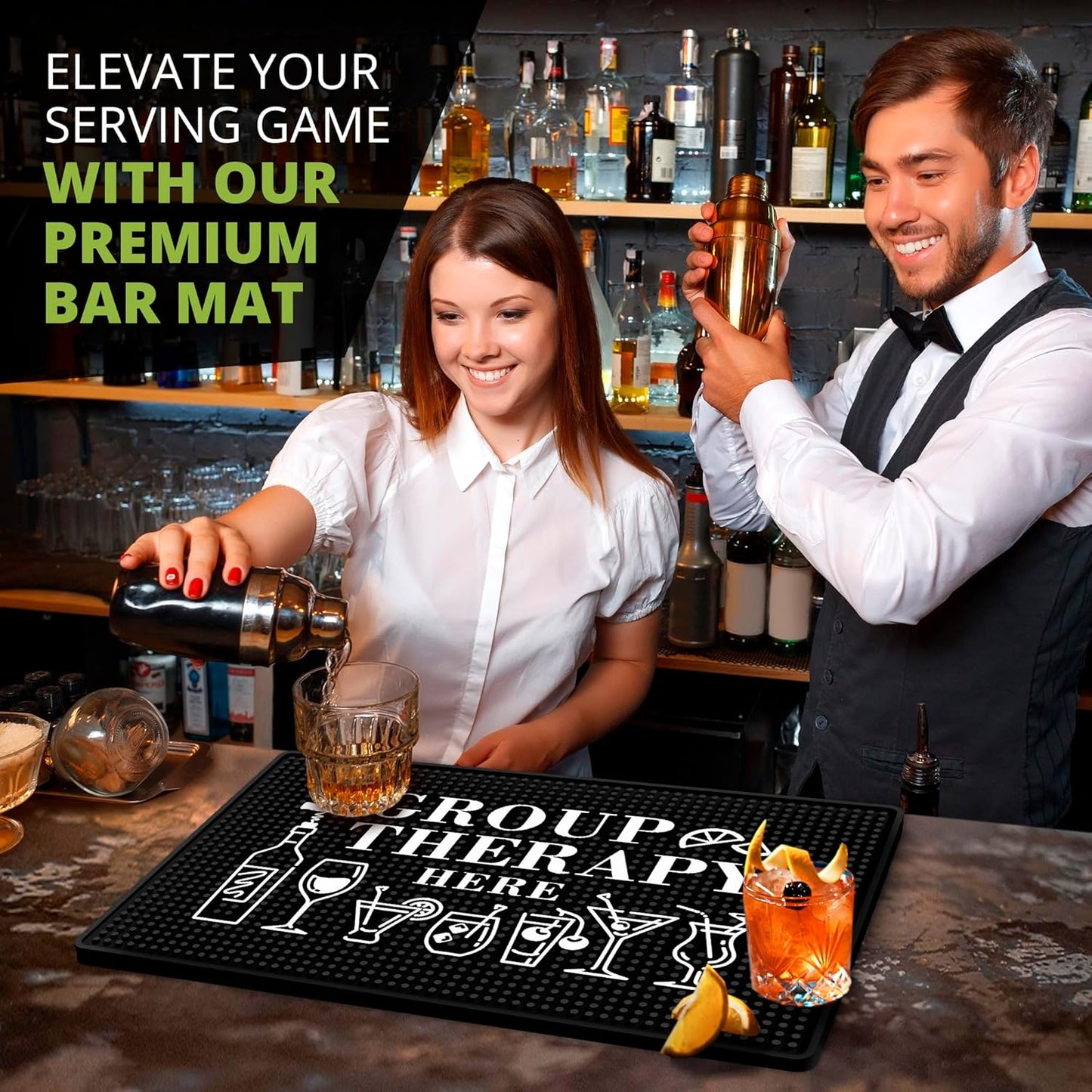Group Therapy Bar Mat – Heavy Duty 18"x12" Rubber Bar Mats for Countertop, Non-Slip Bartender & Spill Mat for Home Bar, Funny Bar Gifts