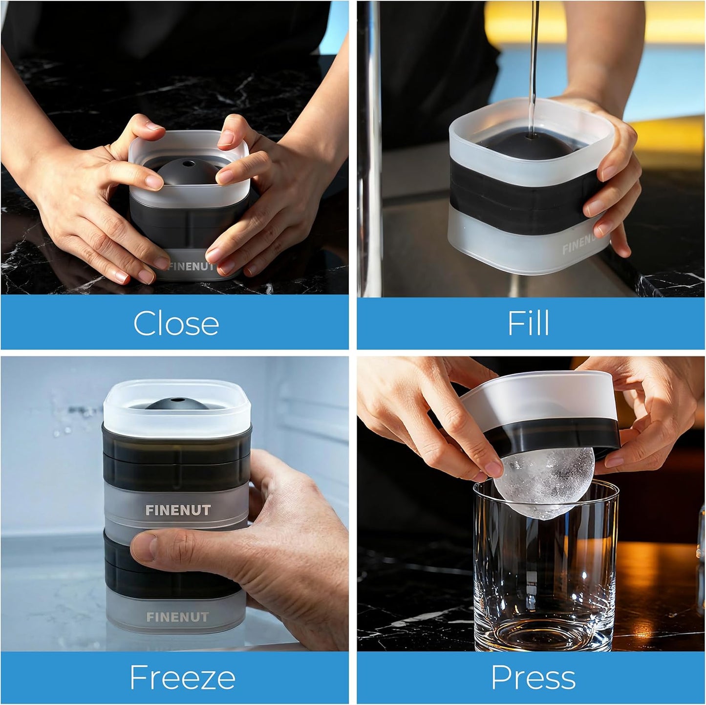Easy Release Ice Ball Maker Mold, 2 Pack, 2.5 Inch Large Round Ice Cube Mold for Whiskey & Cocktails, Stackable Lid, Leak-Resistant Silicone