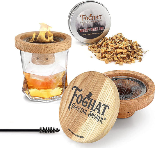 THOUSAND OAKS BARREL Foghat Cocktail Smoker W/ Bourbon Barrel Wood Shavings-Infuse Cocktails, Wine, Whiskey, Cheese, Meats, Dried Fruits, Salt and More!-Smoking Glass Cloche Accessories