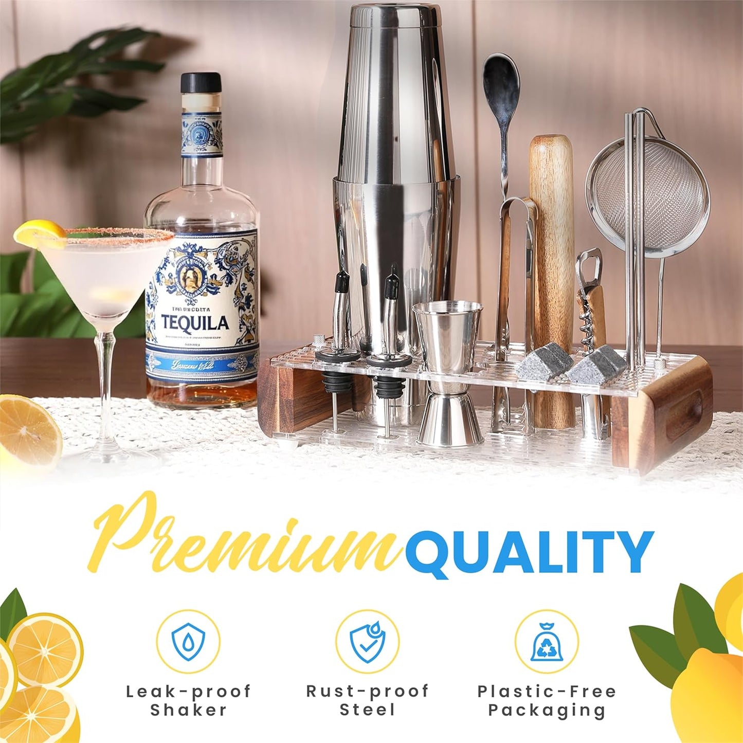 Mixology Bartender Kit with Stand - 15 Piece Bar Tool Set, Silver Bar Set Cocktail Shaker Set for Drink Mixing - Includes Martini Shaker, Jigger, Strainer, Bar Mixer Spoon, Tongs, Opener | Gift Idea