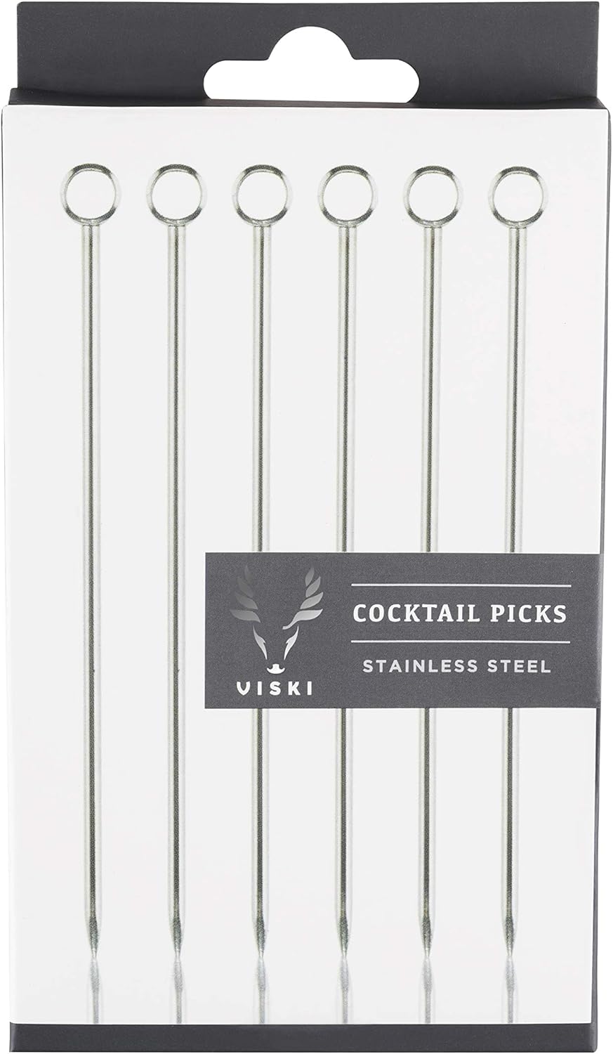 Viski Stainless Steel Cocktail Picks for Martini Olives and Cherries, Set of 6 Ring Top Metal Toothpicks for Drinks, Reusable Appetizer Skewers for Fruit and Cheese, Home Bar Accessories, 4.25”