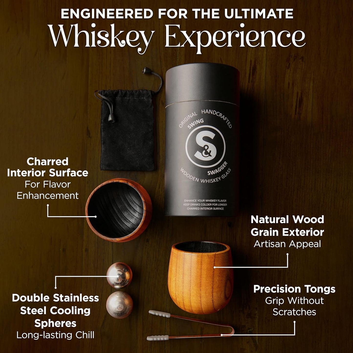 Charred Wooden Whiskey Glass Gift Set for Men (2 Pack) – Bourbon Glasses with Stainless Steel Chilling Balls, 2 Tongs & Storage Pouch – Unique Gifts for Men, Husband, Boyfriend, Whiskey Lovers