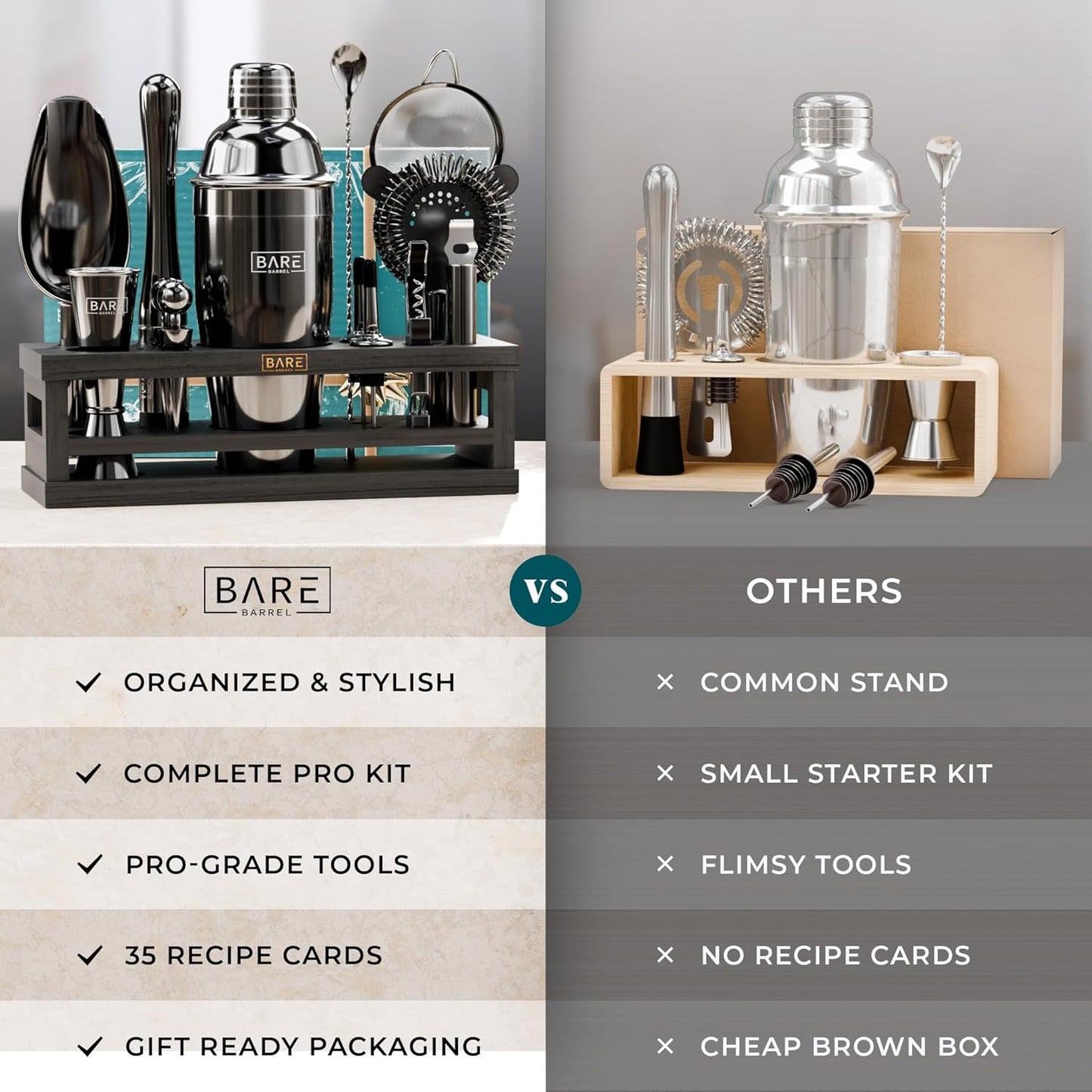 BARE BARREL® Mixology Bartender Kit Bar Set | 16-Piece Cocktail Shaker Set | Martini Barware Mixing Tools for Home Bartending | Incl. 35 Recipe Cards | Gift Set (24oz Cobbler Shaker, Jet Black/Black)