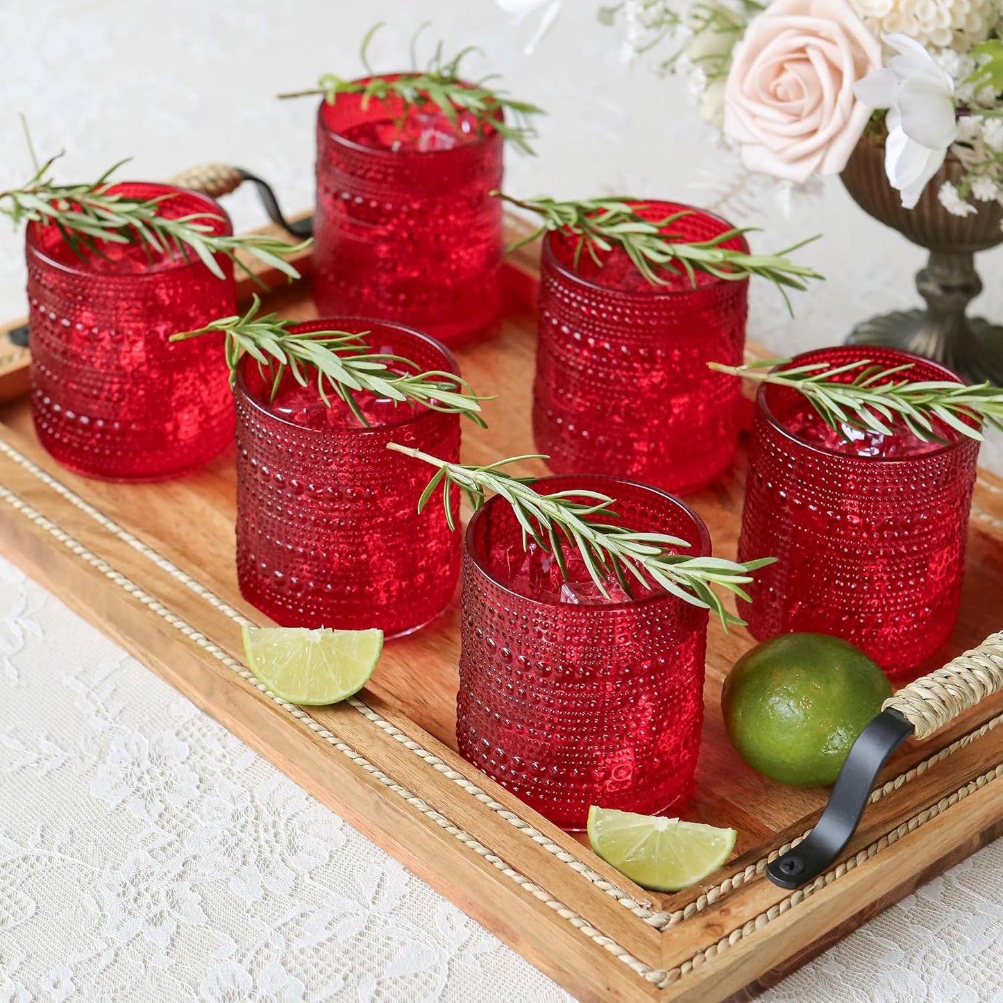 Kate Aspen Retro Arch Floral Red Drinking Glasses Set of 6, 10 oz Vintage Ribbed Glass Cups, Christmas Glassware & Holiday Drinkware, Valentine’s Day & Holiday Hostess Gift