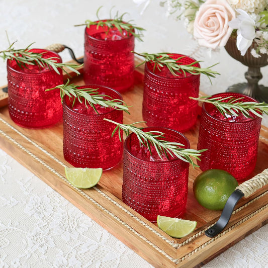 Kate Aspen Retro Arch Floral Red Drinking Glasses Set of 6, 10 oz Vintage Ribbed Glass Cups, Christmas Glassware & Holiday Drinkware, Valentine’s Day & Holiday Hostess Gift
