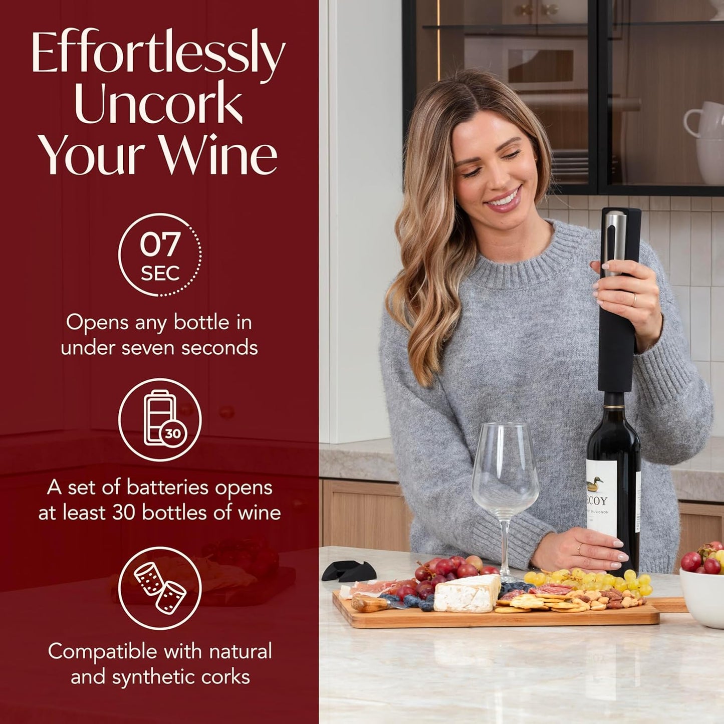 Electric Wine Opener Battery Operated with Stand and Built-in Foil Cutter - Automatic Wine Opener - Electric Corkscrew for Easy Cork Removal - Best Gift for Wine Lover (Black & Silver)