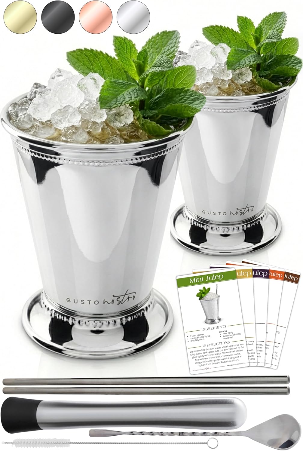 Gusto Nostro Mint Julep Cups Set of 2 - Stainless Steel Julep Cup Kit with Straws, Muddler, Spoon,Recipes, Vases - Southern-style Cocktail Glasses for Home Bar - Stainless Steel Cocktail Cups (Silver)