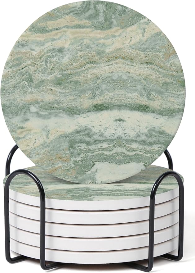 Set of 6 Mix Color Abstract Onyx Marble Coasters with Holder, Absorbent Ceramic Coasters for Drinks, Coasters with Cork Backing for Table Protection, Home Decor, Coffee Table Decor - B0DYDPHP3S