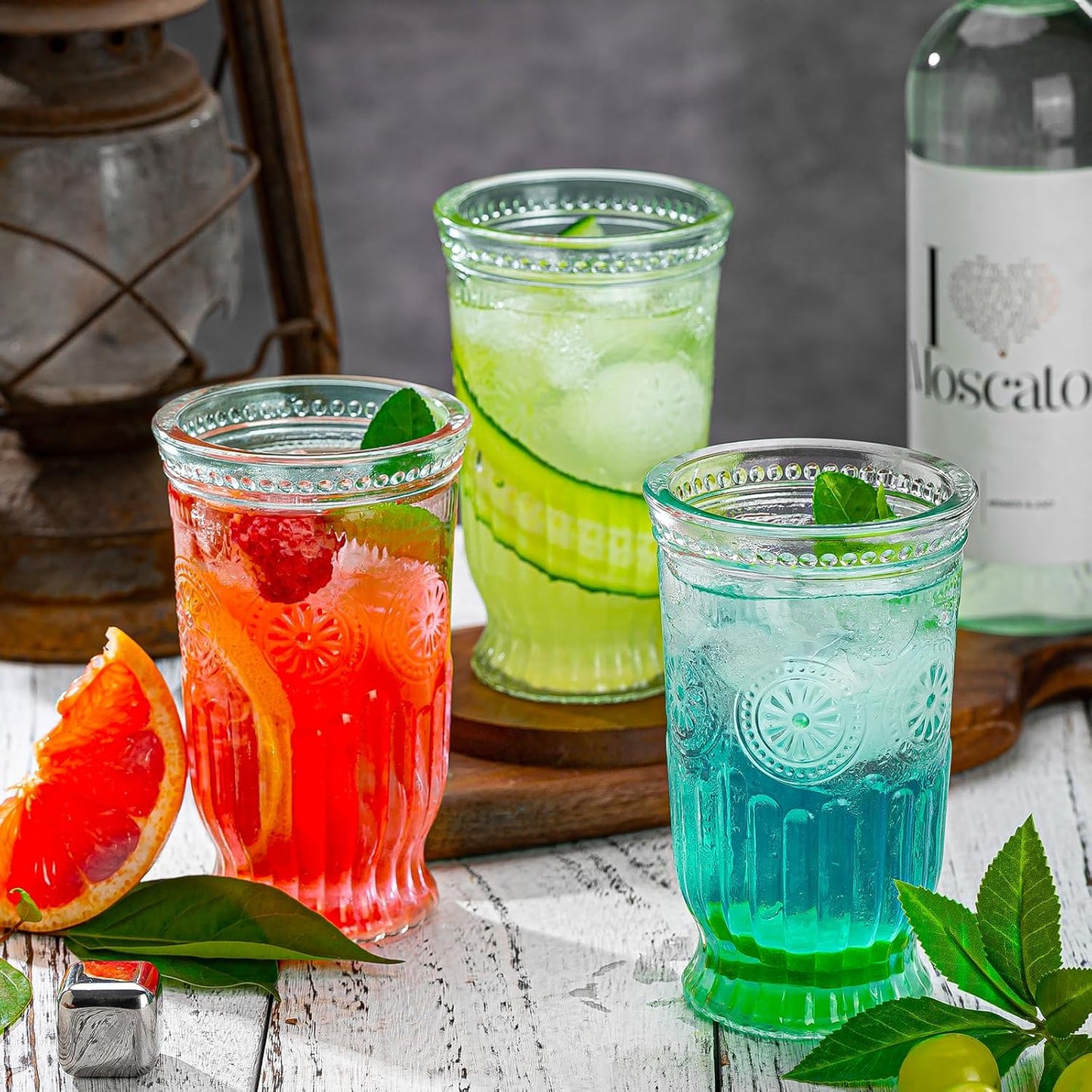 Drinking Glasses, 12 pcs Embossed Designed Highball Glasses, 16oz Glass Cups, Tall Water Tumbler, Ribbed Glassware Set, Mojito Cups, Cocktail Glass, Vintage Glassware Set