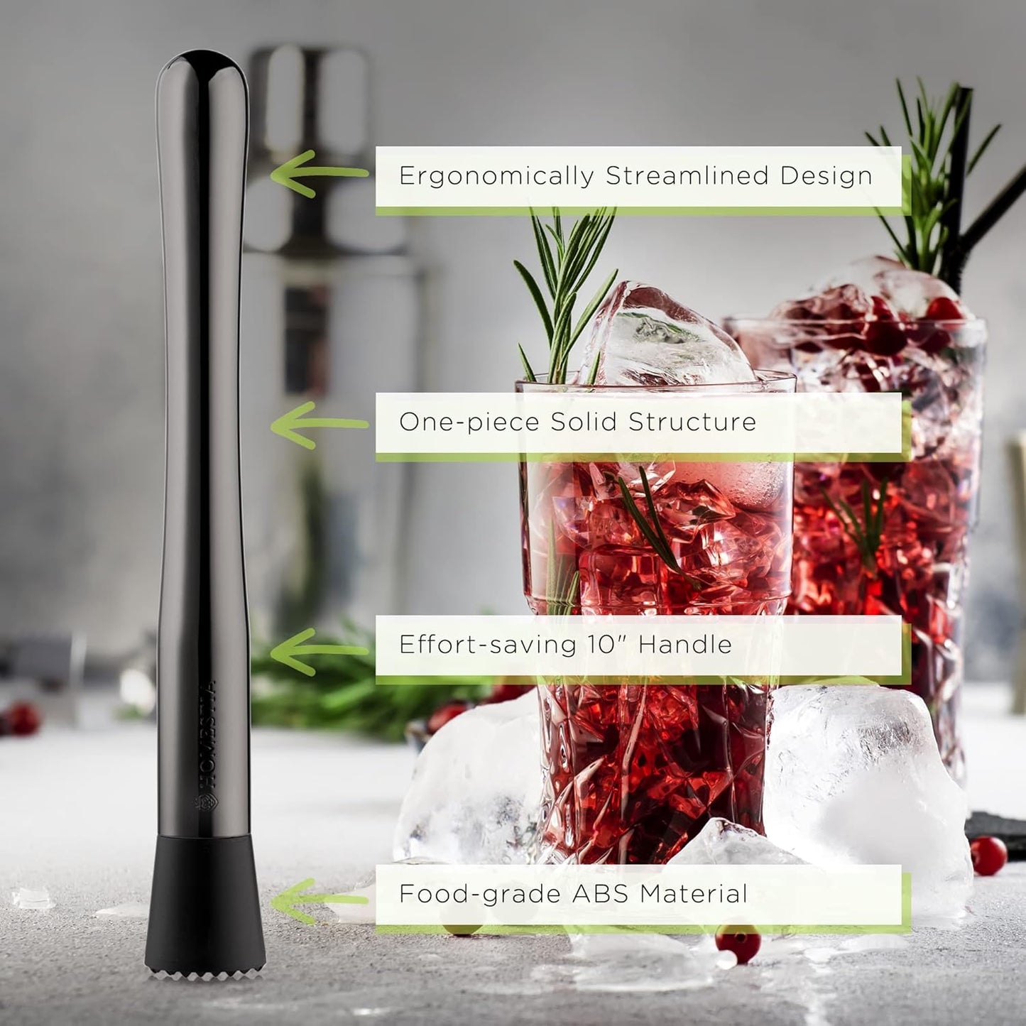 Homesetia Black Muddler for Cocktails - 10 Inch Professional Stainless Steel Muddler - Durable Cocktail Muddler Drink Smasher & Mojito Muddler - Wine Accessories Ideal Valentines Day Gifts for Him