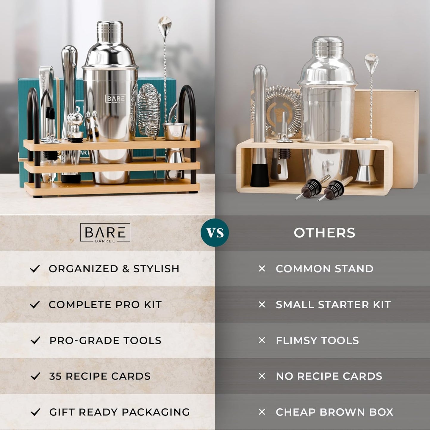 BARE BARREL® Mixology Bartender Kit Bar Set | 14-Piece Cocktail Shaker Set | Martini Barware Mixing Tools for Home Bartending | 35 Recipe Cards | Gift Set (24oz Cobbler Shaker, Silver/Natural)