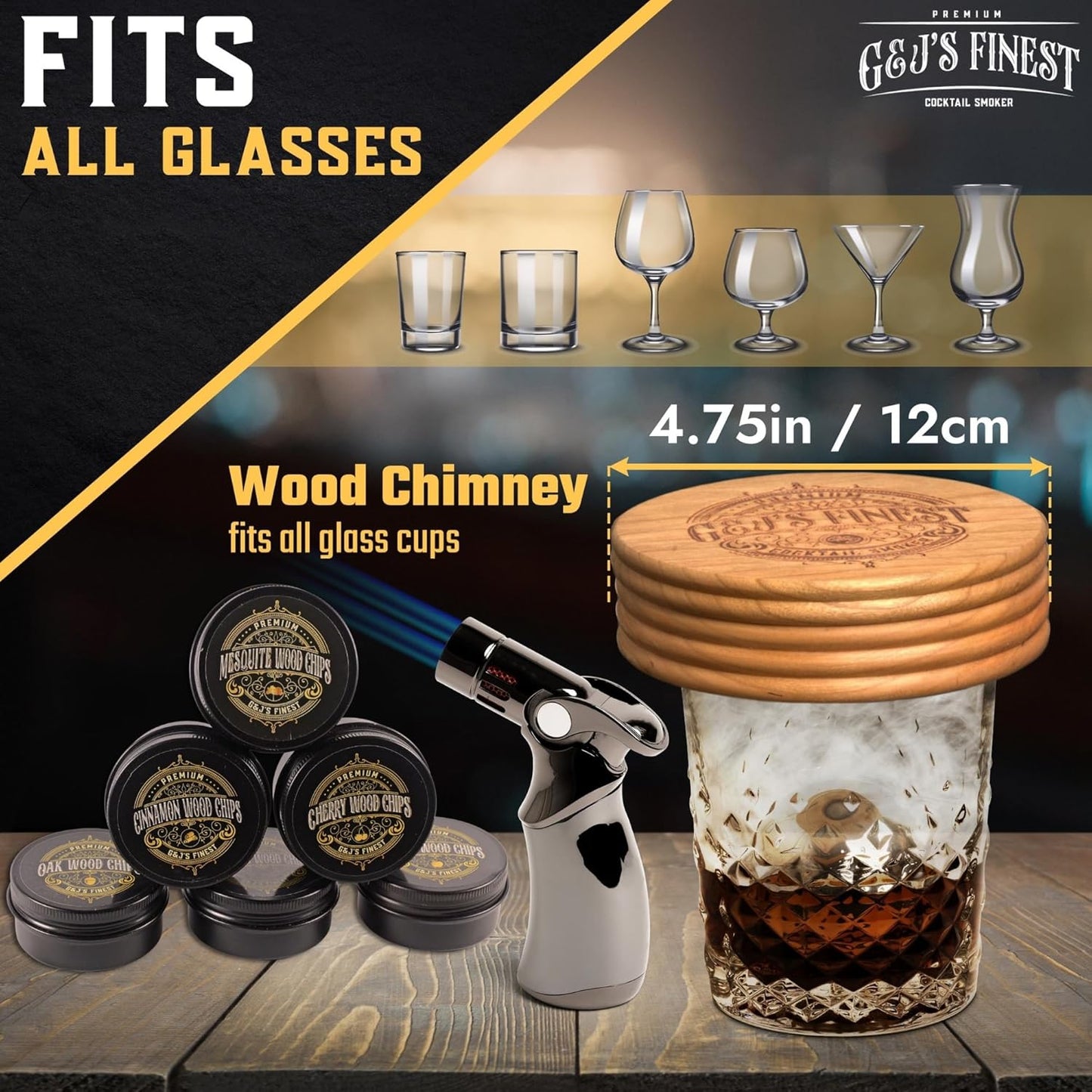 Whiskey Smoker Kit with QuadTorch, 6 Wood Chips & Wood Box for Smoking Drinks| Cocktail Smoker Kit| Bourbon Smoker Kit| Smoked Old Fashioned Kit| Whiskey Gift for Men, (No Butane Incl.)
