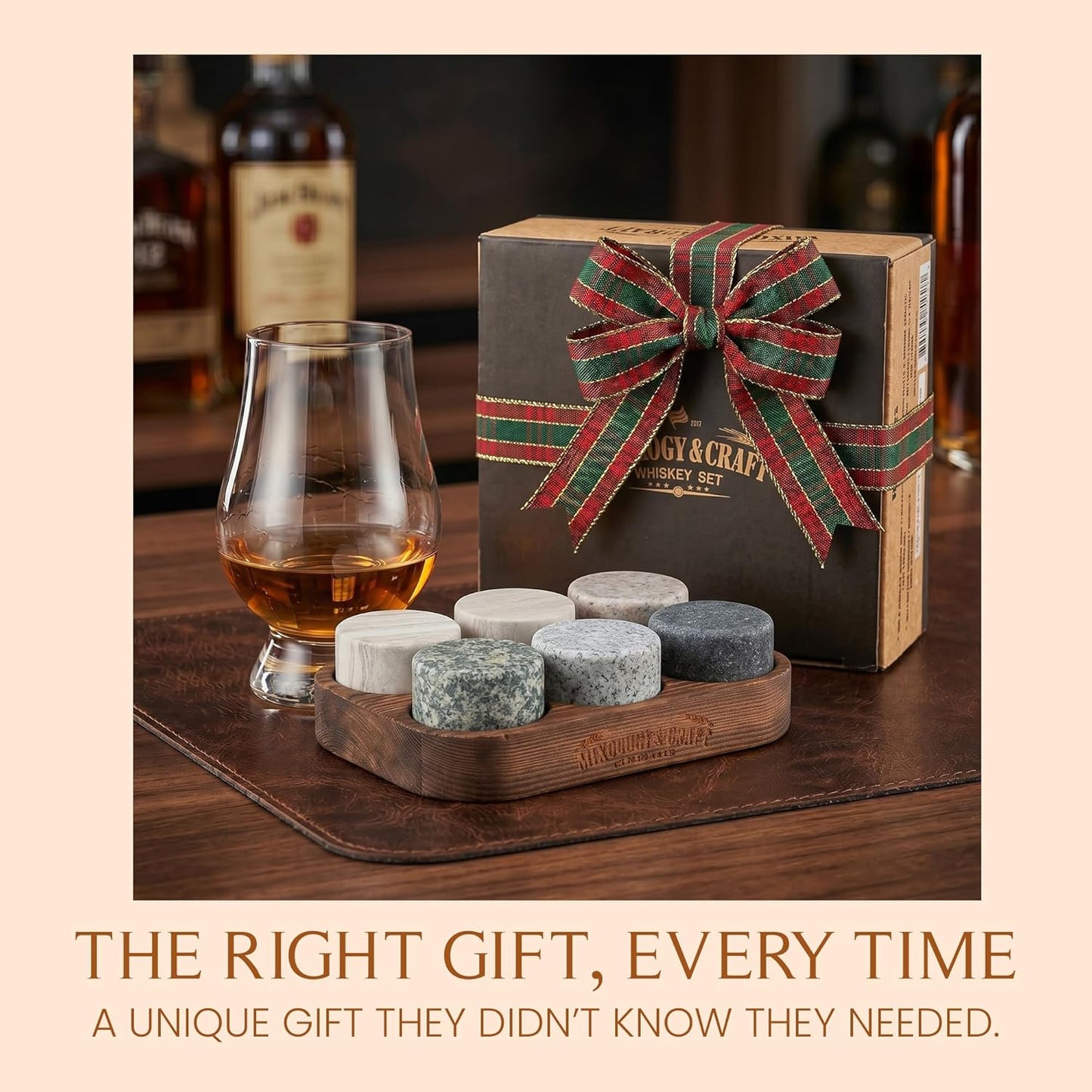 Mixology & Craft Whiskey Stones Set - 6 Circular Granite Bourbon Chilling Rocks - Great Whiskey Gifts for Men, Fathers, Groomsmen Gifts