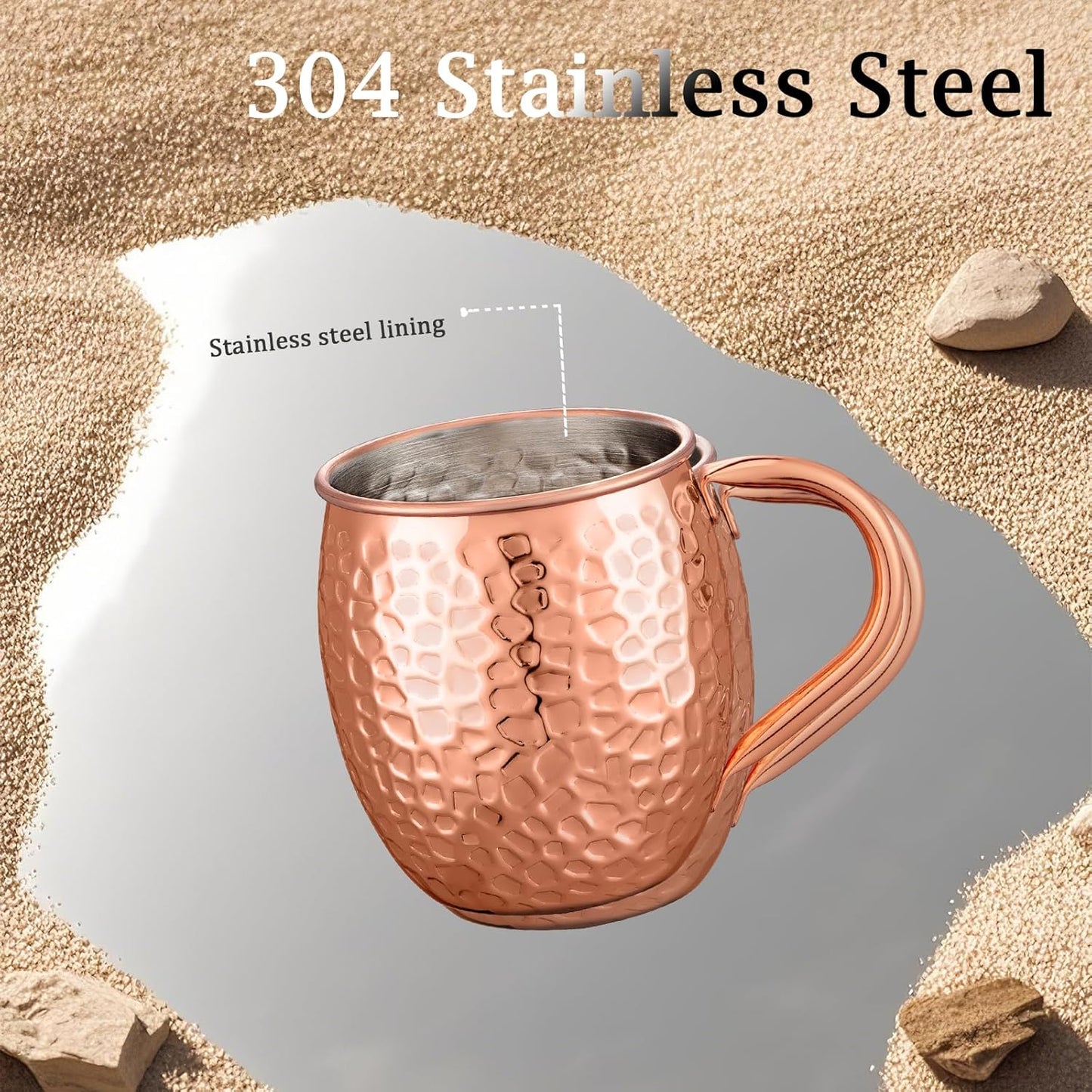 Moscow Mule Mugs Copper Cups Set of 4 Copper Mugs with 304 Stainless Steel Lining,Perfect For Wine, Beer, Cold Drink, Bar, Party, Gifts
